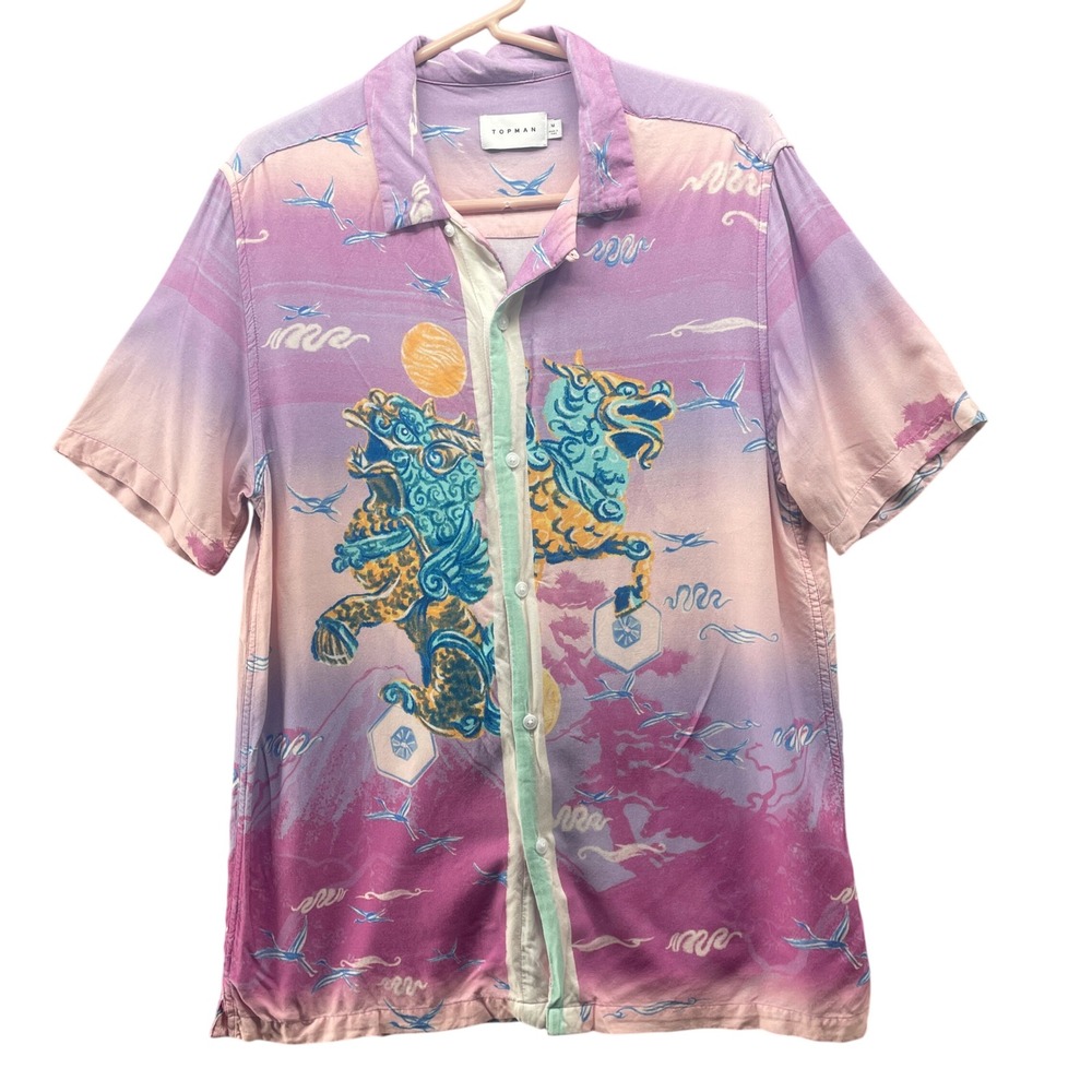 Topman Camp Shirt Mens M Purple‎ Chinese Dragon Print Resort Short Sleeve